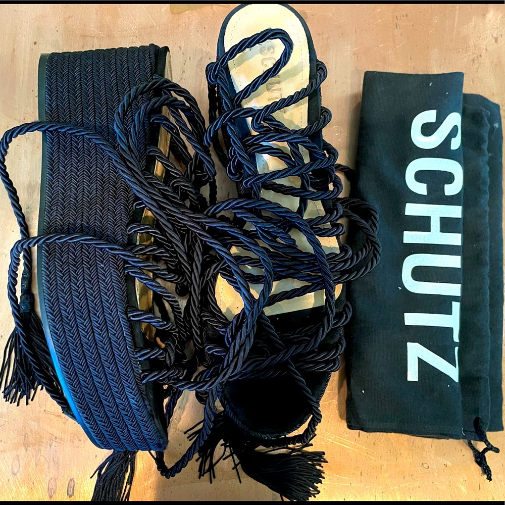 Schutz sexy tie up sandals wedge black espadrille